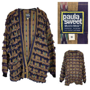 Vintage Paula Sweet Muslin Mink Sz M Art to Wear Cardigan Jacket Shaggy Fringed